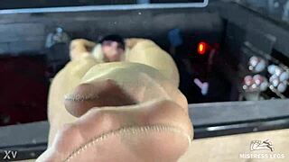 oh god my beautiful mistress feet in sheer nylons tease your cock closeup on desk...