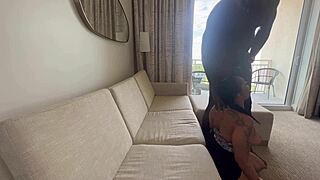 Thick ebony ass bent over choking on huge cock before sloppy deepthroat cum cover!