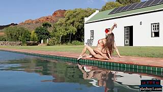 lesbian milf babes kiss hairy pussies by pool 😘💦