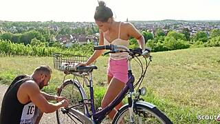 skinny german latina christy ley risks outdoor fuck with stranger for help who's got that monster cock 😈🌳💦