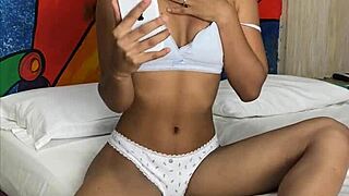 innocent petite 18+ films her tight pussy masturbation on phone while we spy every move