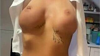 She strips slow, rips clothes, then my cock makes her cum hard