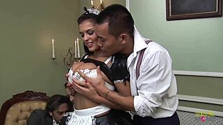 brunette milf shares fat cocks with kinky maid in wild suck fest