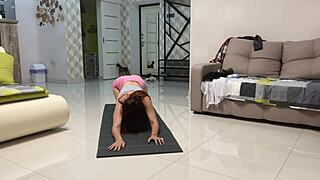 angie elif fingers shaved pussy post-yoga in bedroom bliss