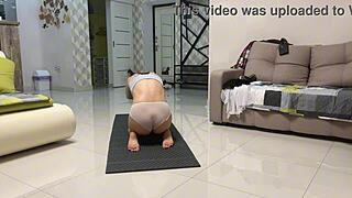 angie elif fingers shaved pussy post-yoga in bedroom bliss