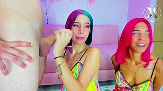 two colorful haired latina teens dominate with deepthroat and sloppy face fucking