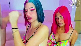 two colorful haired latina teens dominate with deepthroat and sloppy face fucking