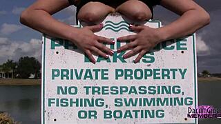 check out this big tit hottie flashing her shaved pussy outdoors!