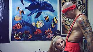 porn shoot bts: man vs woman wrestling challenge ends in hot blowjob