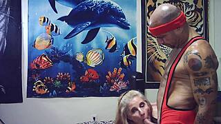 porn shoot bts: man vs woman wrestling challenge ends in hot blowjob