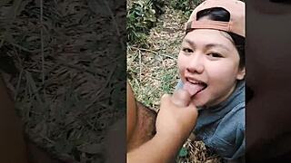 chubby asian wife gives outdoor pov blowjob then creampie scream