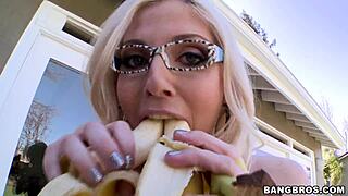 Blonde Bimbo With Big Tits Sucks Massive Banana Close Up