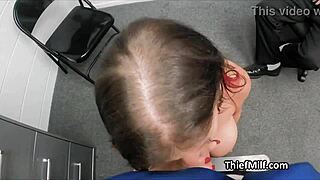 Slutty mature housewife caught spying leads to intense office blowjob threesome with big tits