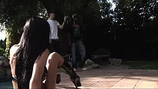 sexy girl gets her shaved pussy fucked hard outdoors in steamy threesome with big cocks