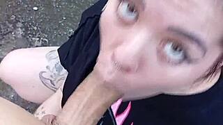 Skinny tattooed Brazilian blonde sucks big pierced cock bareback in public backyard garden tease