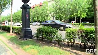 Blonde european tourist barefoot chick eats banana then rides cock cowgirl after pickup