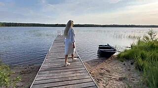 i couldn't resist pounding this cute blonde's tight pussy outdoors in her fishnets