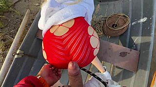 i couldn't resist pounding this cute blonde's tight pussy outdoors in her fishnets