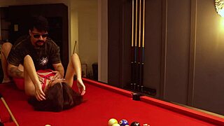 brunette escort rides cock over pool table with juicy tits bouncing wildly