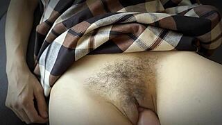 stepson rubs stepmom's hairy wet pussy till creampie cumshot