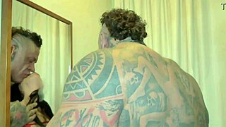 Busty brunette rims tattooed guy's ass after sloppy blowjob then takes creampie doggystyle