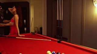 brunette escort rides cock over pool table with juicy tits bouncing wildly
