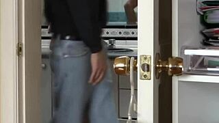 watch my busty wife in bathroom: pissing, bathing, flashing huge tits and hairy pussy caresses