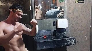 milf lene spreads her pierced pussy wide for hung stud's raw bathroom pounding and full mouth cum cleanup