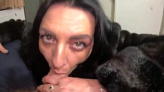 mature slut's deepthroat cum tease on fur coat