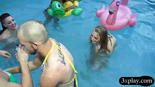 These teen besties slobber wet blowjobs then get drilled deep by the pool