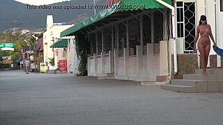 nude stroll turns naughty for milf exhibitionist on public street