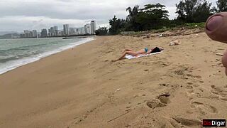 Cum On Tits Babe During Public Beach Flash!