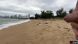 Cum On Tits Babe During Public Beach Flash!