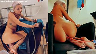 Savannah Kneels in Shorts for Deep Enema Insertion and Release