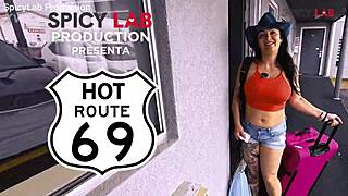 mysterious busty woman on deserted bridge