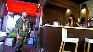 brunette milf slut bent over pub table takes monster cock deep creampie