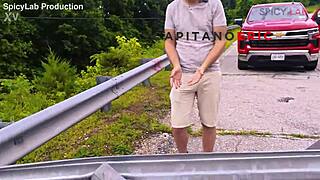 mysterious busty woman on deserted bridge