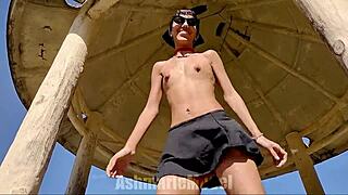 Dancing Topless Latina Flashes Panties and Cameltoe in Public Miniskirt