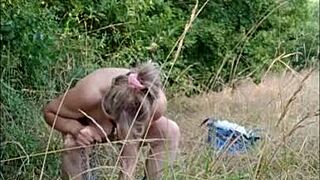 french slave maid bound on highway flashes tits for roadside uro blowjob