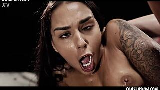 Black Angel Latina cum slut bent over takes extreme creampie bloating her belly with blasting pussy squirt