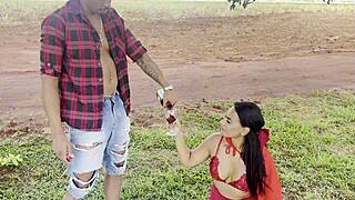 Curious Red Riding Hood tempts muscular lumberjack for forest deepthroat pounding