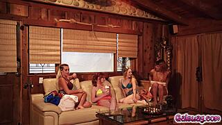 Four friends explore hairy pussies with rimming in interracial lesbian circle