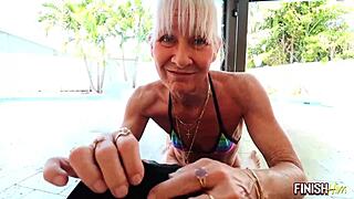 skinny gilf milf jerks massive load poolside pov handjob