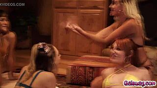 Four friends explore hairy pussies with rimming in interracial lesbian circle
