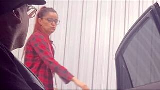 risky street flash at bus stop for punk redhead