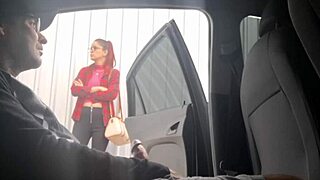 risky street flash at bus stop for punk redhead