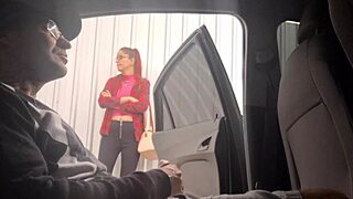 risky street flash at bus stop for punk redhead