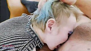petite blue haired raven fingers her twat then sucks juicy big cock hungrily