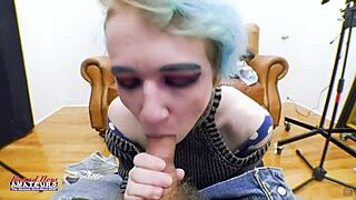 petite blue haired raven fingers her twat then sucks juicy big cock hungrily
