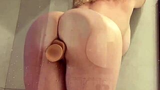 Horny Chubby Blonde Shoves Big Dildo Deep in Shower Tease